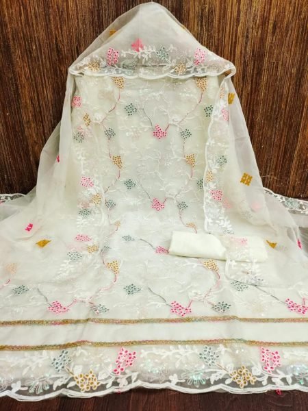 Sleek White Party Wear Organza Silk Dress Material with Heavy Embroidery Work Color Set Matching Dress Material Wholesale