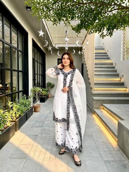 Sleek White Party Wear Palazzo Dress with Sequence Embroidery for Women 