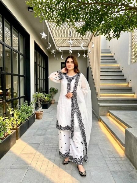 Sleek White Party Wear Palazzo Dress with Sequence Embroidery for Women Ready To Wear Collection