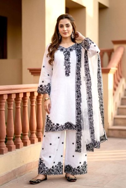 Sleek White Party Wear Palazzo Dress with Sequence Embroidery for Women Ready To Wear Collection