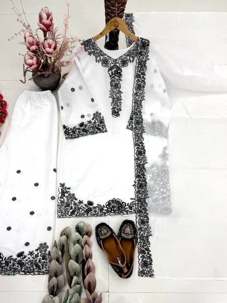 Sleek White Party Wear Palazzo Dress with Sequence Embroidery for Women Ready To Wear Collection