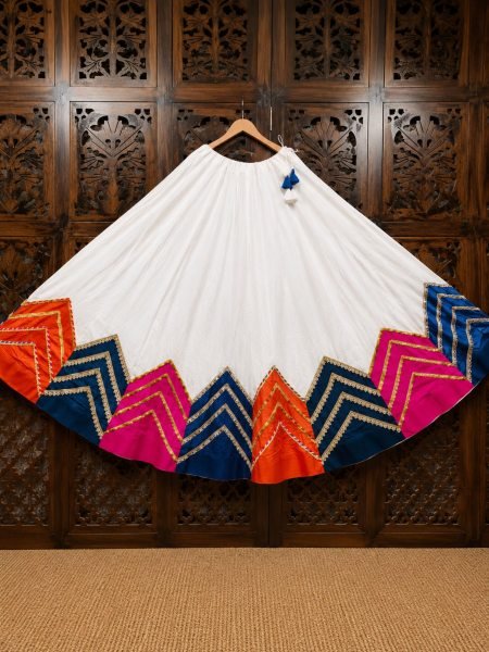 Sleek White Rayon Cotton Ethnic Skirt with Multi Patch Work and Heavy Lining For Navrati Shop by Occasion
