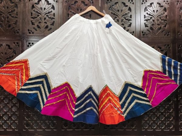 Sleek White Rayon Cotton Ethnic Skirt with Multi Patch Work and Heavy Lining For Navrati Navratri Lehnega Choli