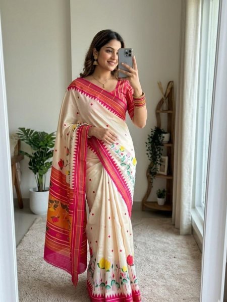 Sleek White Soft Mul Cotton Kalamkari Saree with Digital Printed Blouse 
