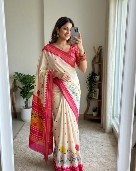 Sleek White Soft Mul Cotton Kalamkari Saree with Digital Printed Blouse Printed Cotton Sarees Wholesale