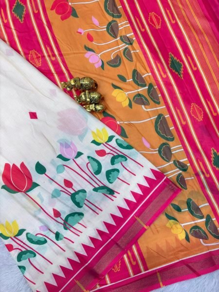 Sleek White Soft Mul Cotton Kalamkari Saree with Digital Printed Blouse Printed Cotton Sarees Wholesale