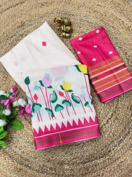Sleek White Soft Mul Cotton Kalamkari Saree with Digital Printed Blouse Printed Cotton Sarees Wholesale