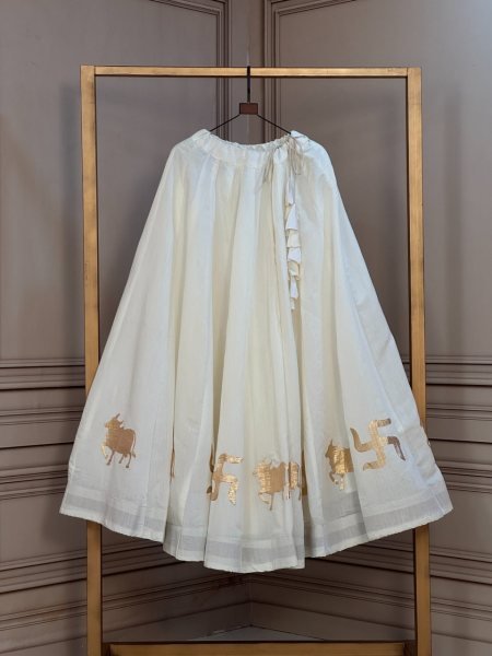 Sleek White Traditional Roman Cotton Style Lehenga with Cow and Swastik Gota  Lehenga