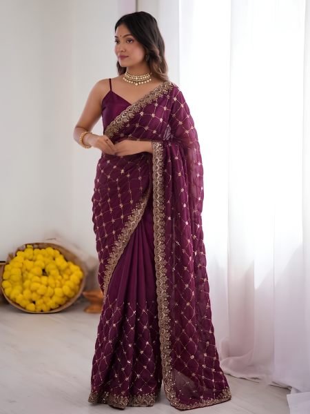 Sleek Wine Designer Fendy Silk Saree with Heavy Beads Embroidery For Festival Wear Sarees 