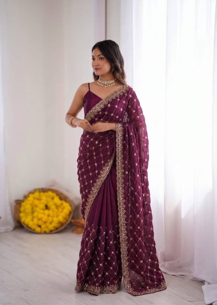 Sleek Wine Designer Fendy Silk Saree with Heavy Beads Embroidery For Festival Wear Silk Sarees Wholesale