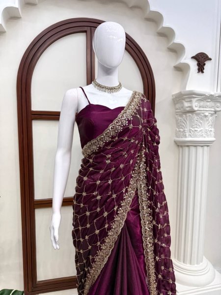 Sleek Wine Designer Fendy Silk Saree with Heavy Beads Embroidery For Festival Wear Silk Sarees Wholesale
