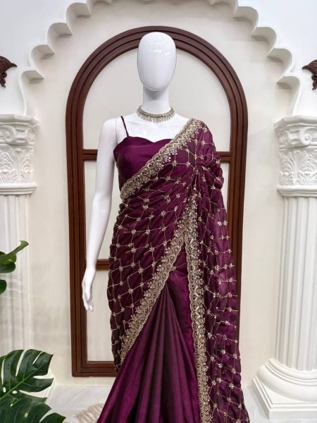 Sleek Wine Designer Fendy Silk Saree with Heavy Beads Embroidery For Festival Wear Silk Sarees Wholesale