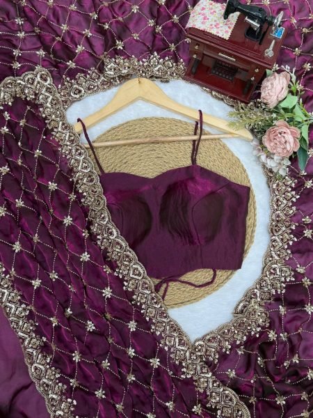 Sleek Wine Designer Fendy Silk Saree with Heavy Beads Embroidery For Festival Wear Silk Sarees Wholesale