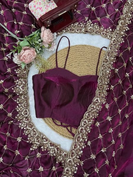 Sleek Wine Designer Fendy Silk Saree with Heavy Beads Embroidery For Festival Wear Silk Sarees Wholesale