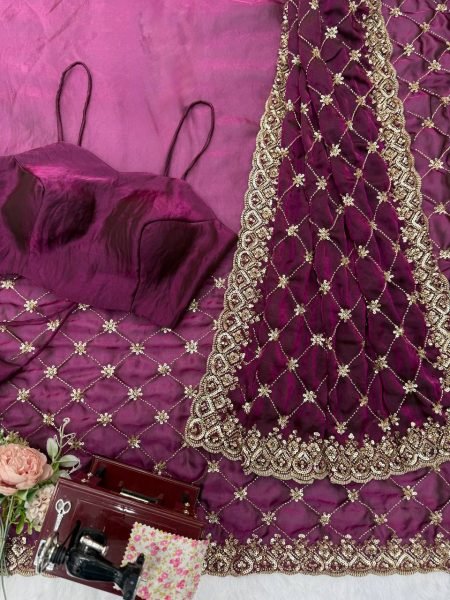 Sleek Wine Designer Fendy Silk Saree with Heavy Beads Embroidery For Festival Wear Silk Sarees Wholesale