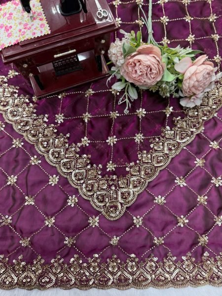 Sleek Wine Designer Fendy Silk Saree with Heavy Beads Embroidery For Festival Wear Silk Sarees Wholesale