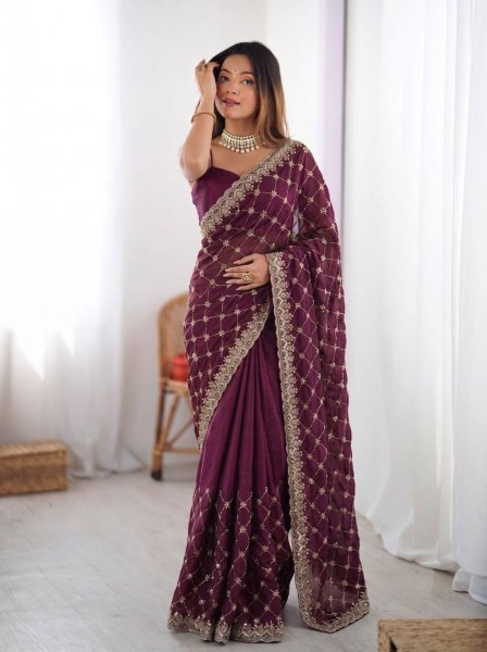 Sleek Wine Designer Fendy Silk Saree with Heavy Beads Embroidery For Festival Wear Silk Sarees Wholesale