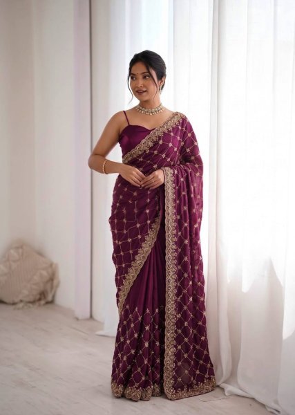 Sleek Wine Designer Fendy Silk Saree with Heavy Beads Embroidery For Festival Wear Silk Sarees Wholesale