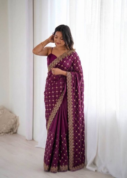 Sleek Wine Designer Fendy Silk Saree with Heavy Beads Embroidery For Festival Wear Silk Sarees Wholesale