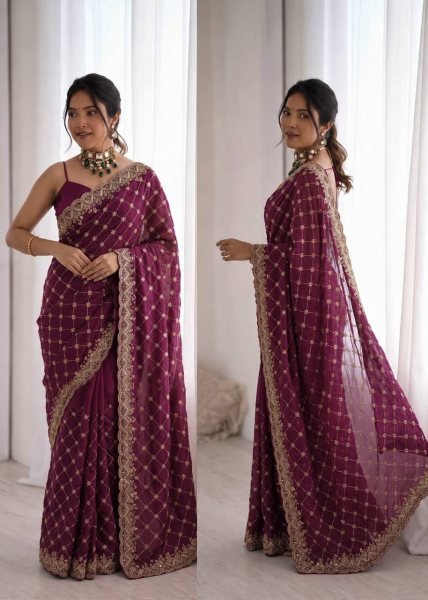 Sleek Wine Designer Fendy Silk Saree with Heavy Beads Embroidery For Festival Wear Silk Sarees Wholesale