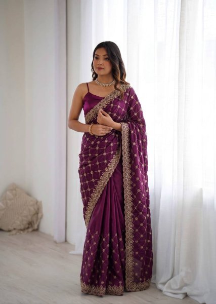 Sleek Wine Designer Fendy Silk Saree with Heavy Beads Embroidery For Festival Wear Silk Sarees Wholesale