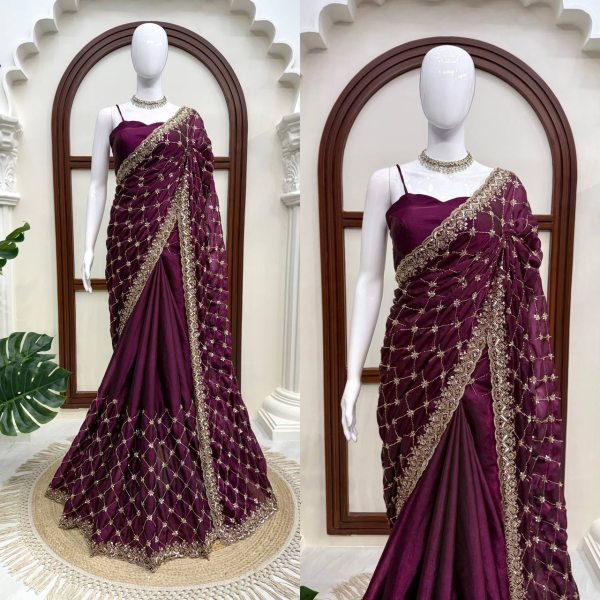 Sleek Wine Designer Fendy Silk Saree with Heavy Beads Embroidery For Festival Wear Silk Sarees Wholesale