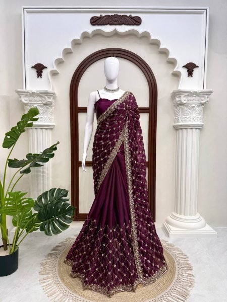 Sleek Wine Designer Fendy Silk Saree with Heavy Beads Embroidery For Festival Wear Silk Sarees Wholesale