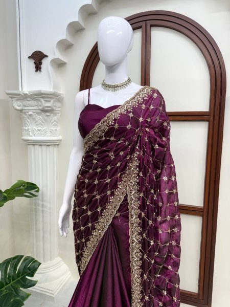 Sleek Wine Designer Fendy Silk Saree with Heavy Beads Embroidery For Festival Wear Silk Sarees Wholesale