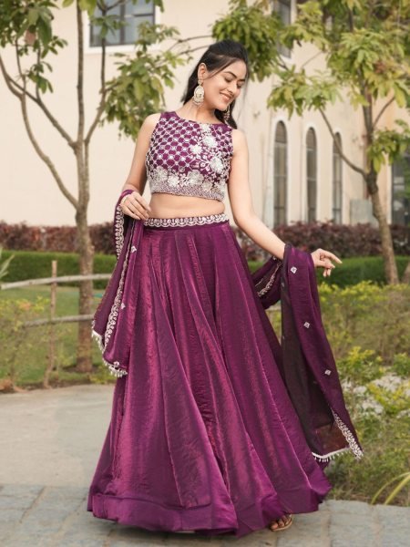 Sleek Wine Fendy Silk Lehenga Choli with White Beads Work for Wedding Wear Designer Lehenga Choli