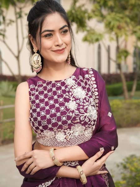 Sleek Wine Fendy Silk Lehenga Choli with White Beads Work for Wedding Wear Designer Lehenga Choli
