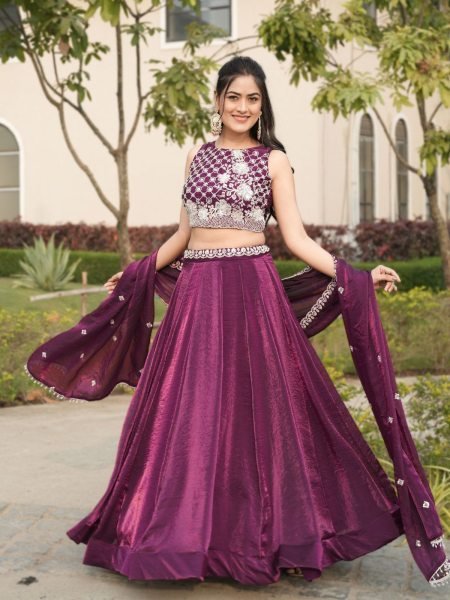 Sleek Wine Fendy Silk Lehenga Choli with White Beads Work for Wedding Wear Designer Lehenga Choli