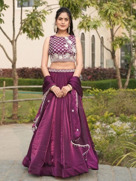 Sleek Wine Fendy Silk Lehenga Choli with White Beads Work for Wedding Wear Designer Lehenga Choli