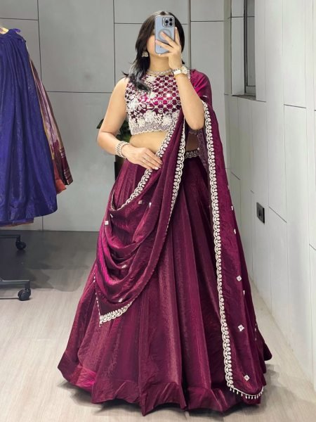 Sleek Wine Fendy Silk Lehenga Choli with White Beads Work for Wedding Wear Designer Lehenga Choli