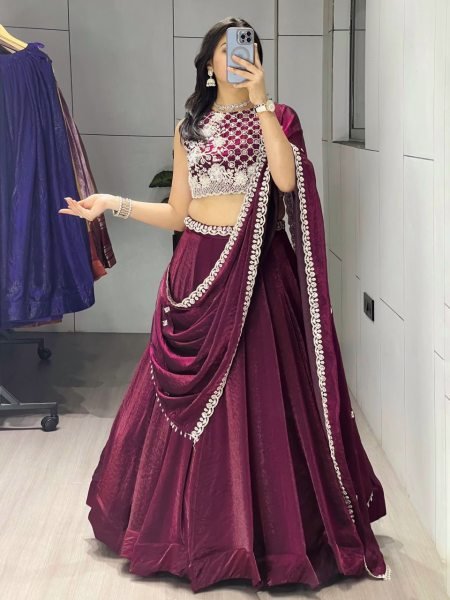 Sleek Wine Fendy Silk Lehenga Choli with White Beads Work for Wedding Wear Designer Lehenga Choli