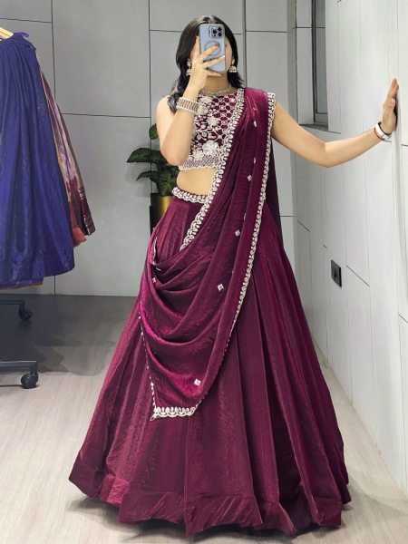 Sleek Wine Fendy Silk Lehenga Choli with White Beads Work for Wedding Wear Designer Lehenga Choli