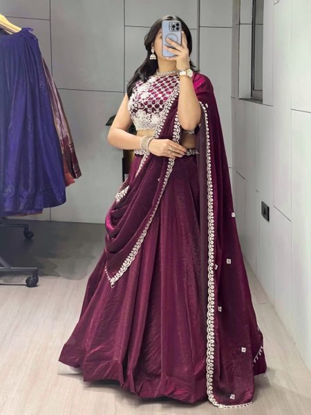 Sleek Wine Fendy Silk Lehenga Choli with White Beads Work for Wedding Wear Designer Lehenga Choli