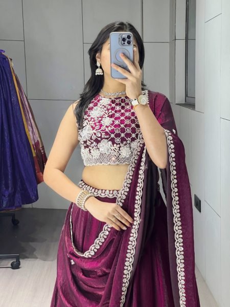 Sleek Wine Fendy Silk Lehenga Choli with White Beads Work for Wedding Wear Designer Lehenga Choli