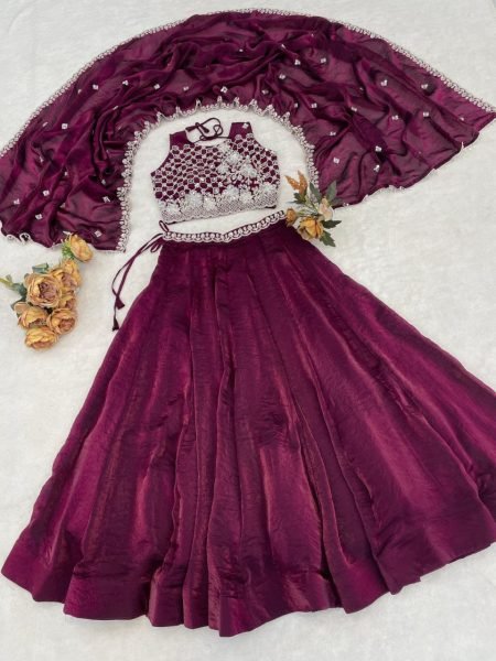 Sleek Wine Fendy Silk Lehenga Choli with White Beads Work for Wedding Wear Designer Lehenga Choli