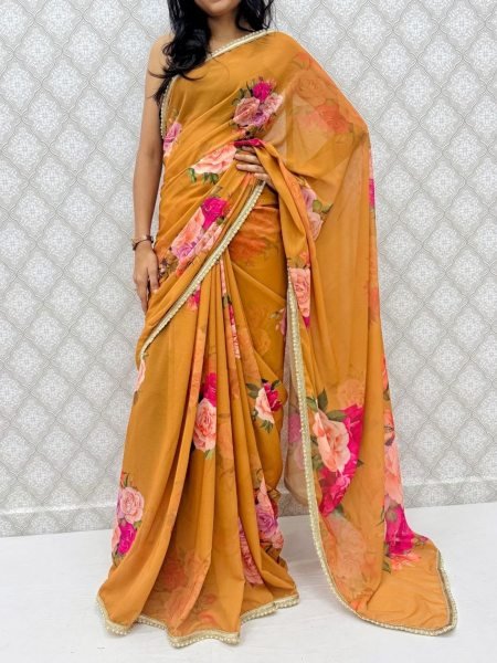 Sleek Yellow Affordable Party Wear Saree with Sequins and Pearl Work Sarees 