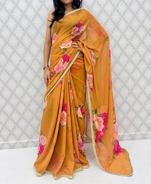 Sleek Yellow Affordable Party Wear Saree with Sequins and Pearl Work Printed Cotton Sarees Wholesale