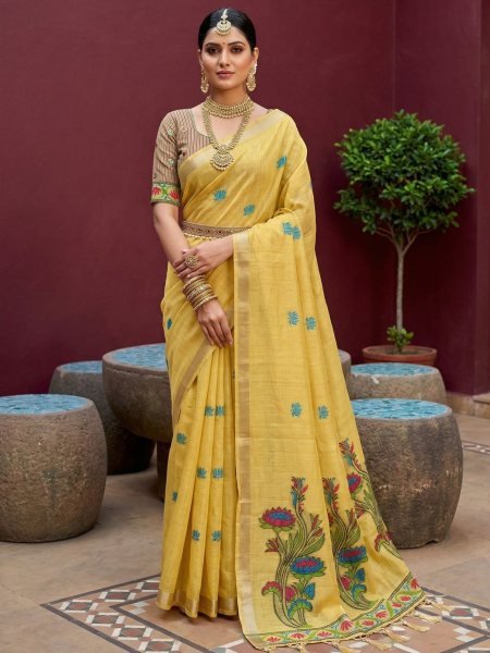Sleek Yellow Designer Pure Muga Cotton Saree with Rich Flowery Pallu and Contrast Blouse Sarees 