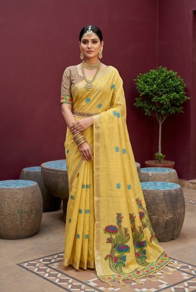Sleek Yellow Designer Pure Muga Cotton Saree with Rich Flowery Pallu and Contrast Blouse Printed Cotton Sarees Wholesale