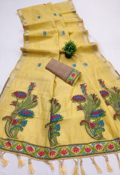 Sleek Yellow Designer Pure Muga Cotton Saree with Rich Flowery Pallu and Contrast Blouse Printed Cotton Sarees Wholesale