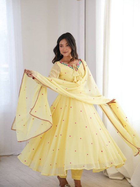 Sleek Yellow Faux Georgette Anarkali Suit with Pant with Embroidered Dupatta Ready To Wear Suit