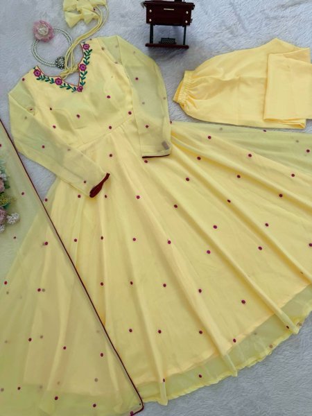 Sleek Yellow Faux Georgette Anarkali Suit with Pant with Embroidered Dupatta Ready To Wear Collection