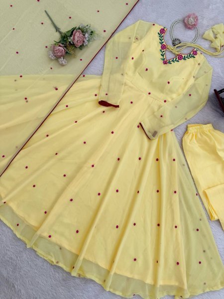 Sleek Yellow Faux Georgette Anarkali Suit with Pant with Embroidered Dupatta Ready To Wear Collection