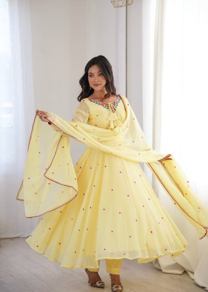 Sleek Yellow Faux Georgette Anarkali Suit with Pant with Embroidered Dupatta Ready To Wear Collection