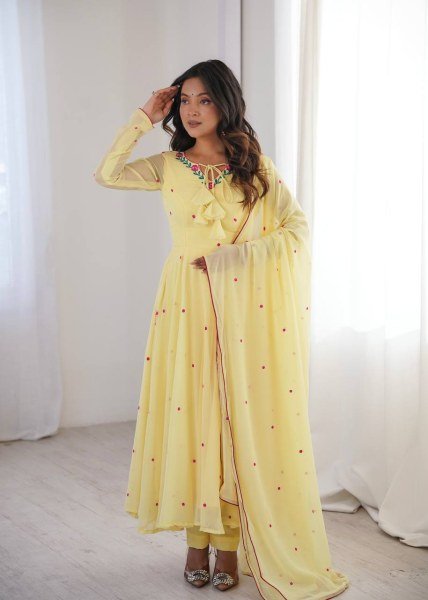 Sleek Yellow Faux Georgette Anarkali Suit with Pant with Embroidered Dupatta Ready To Wear Collection