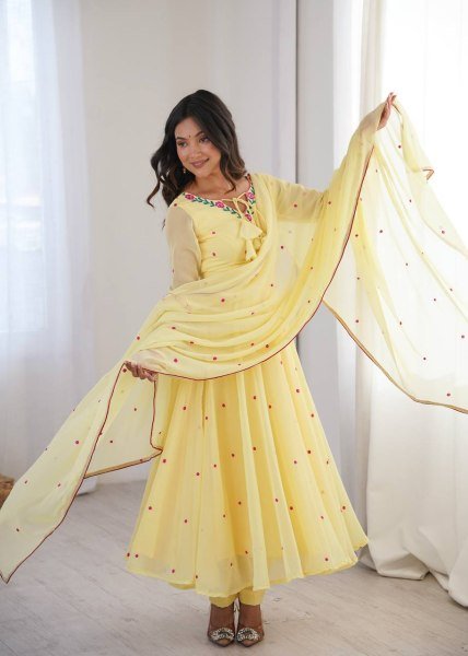 Sleek Yellow Faux Georgette Anarkali Suit with Pant with Embroidered Dupatta Ready To Wear Collection