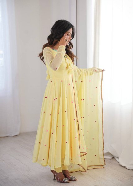 Sleek Yellow Faux Georgette Anarkali Suit with Pant with Embroidered Dupatta Ready To Wear Collection